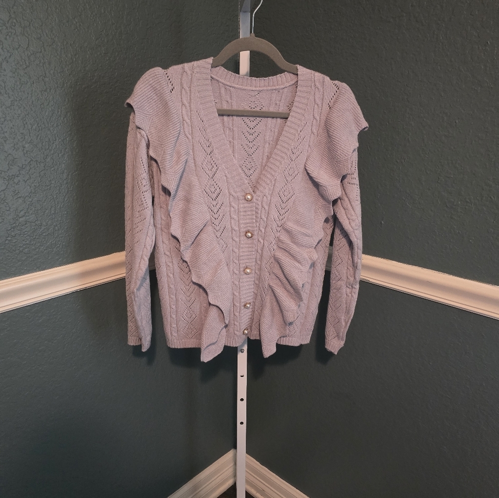 Womens V Neck Button Down Long Sleeve Ruffled Cable Knit Cardigan Sweater